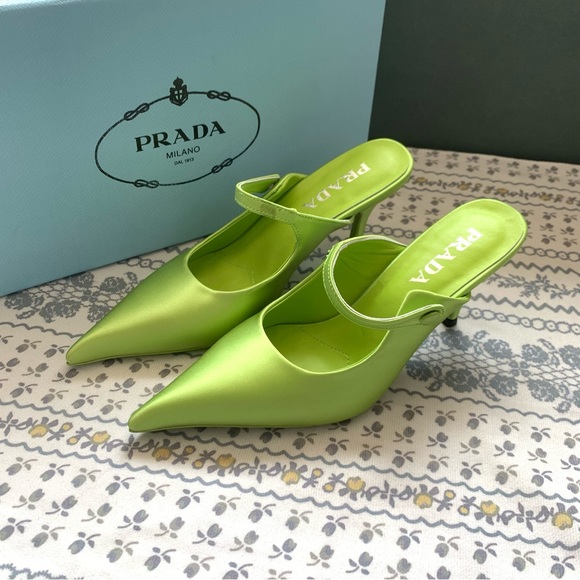 Prada Shoes - PRADA Lime Green Satin Pointed Toe Slingback Mules
